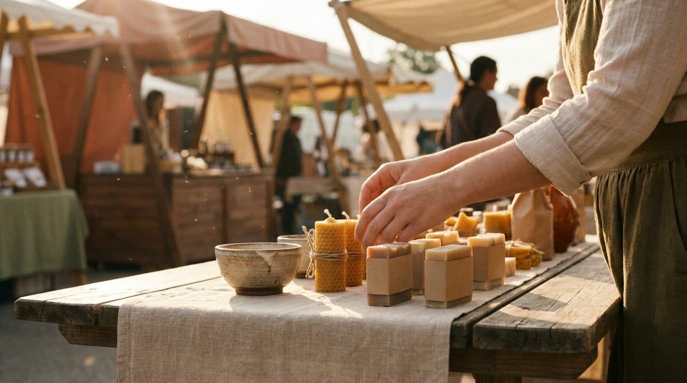 A handmade-goods vendor arranging their booth in golden-hour light at an outdoor market.